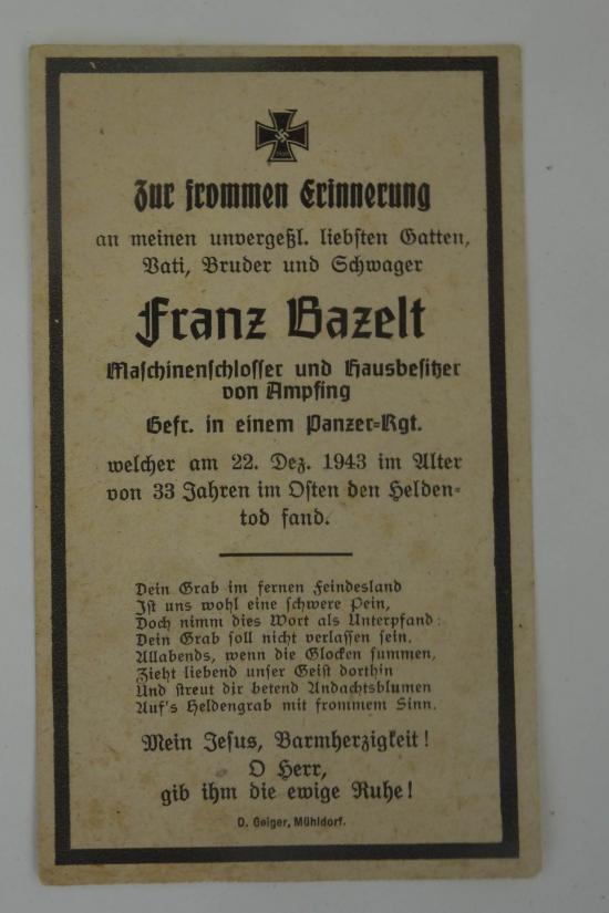 Wehrmacht Soldier Death Notice