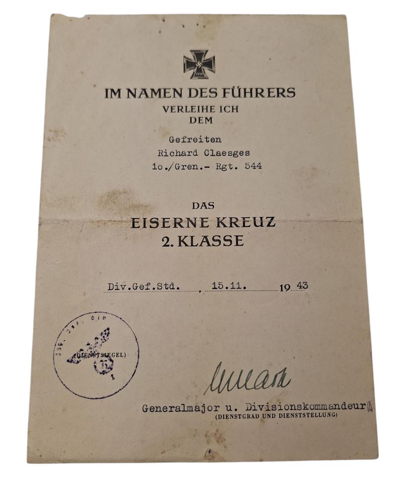 Iron cross second class award document to Gefreiten Richard Claesges