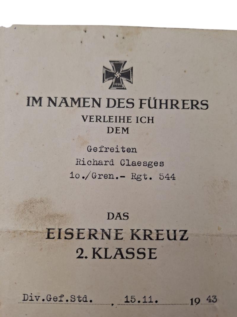 Iron cross second class award document to Gefreiten Richard Claesges