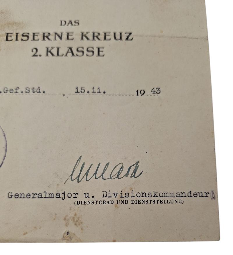 Iron cross second class award document to Gefreiten Richard Claesges