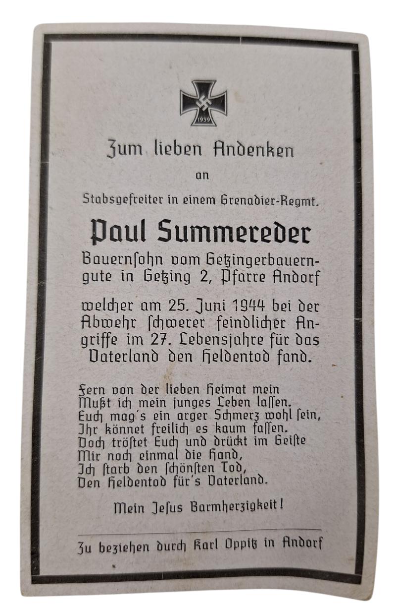 Wehrmacht Soldier Death Notice
