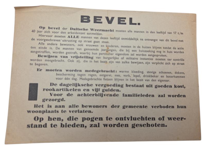 German WWII order for Dutch men to be deployed for labor document