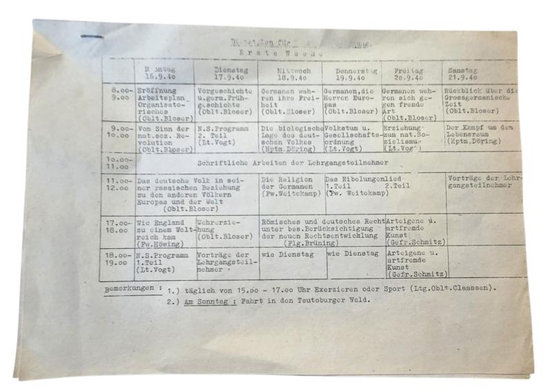 a german , 100% original WWII Lehrgangsplan (September 16–28, 1940).