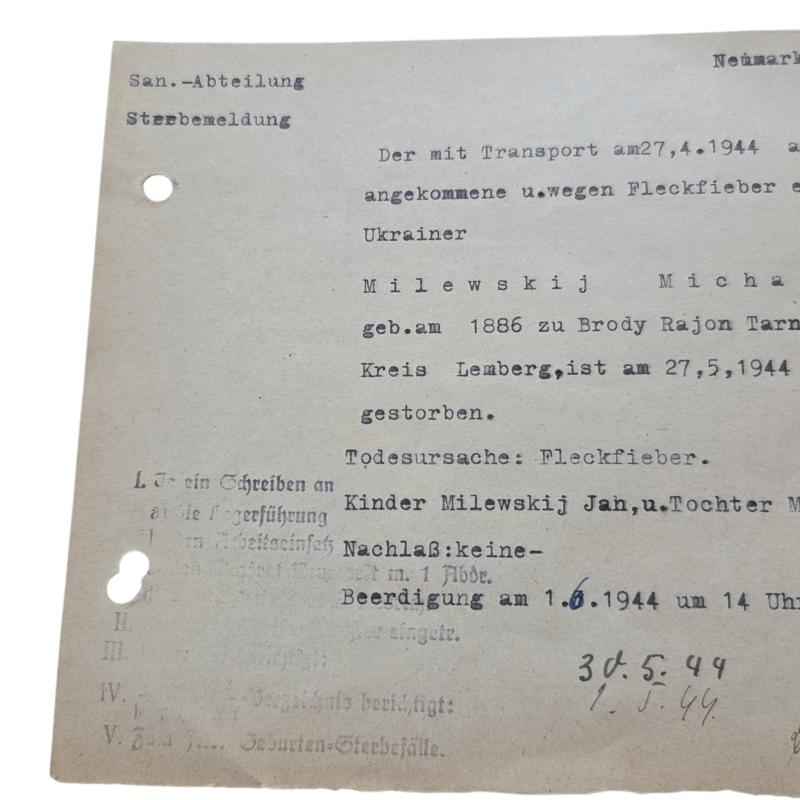 Original WWII German Death Notice – Ukrainian Forced Laborer (1944)